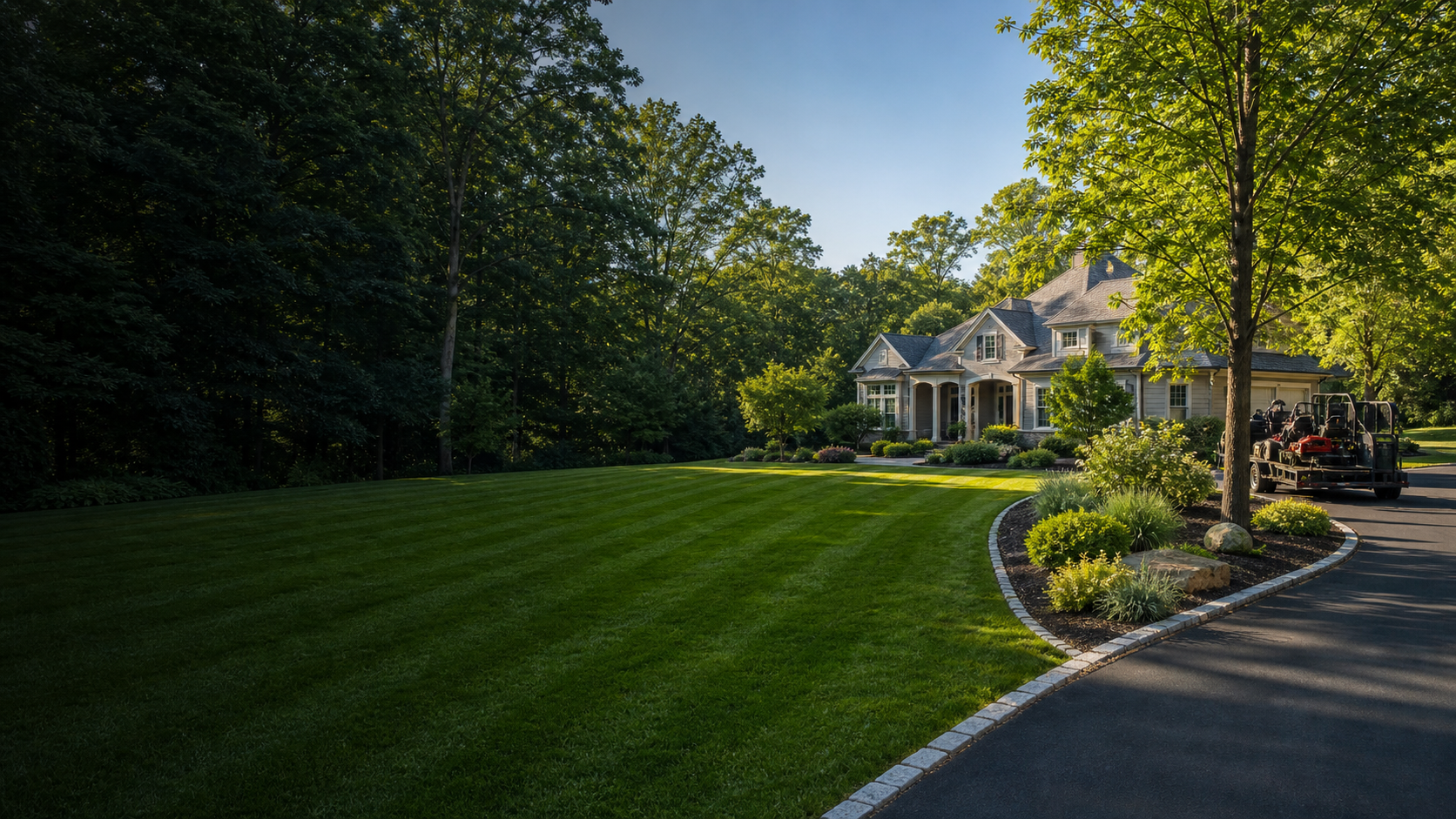 Well-kept residential property with striped lawn, planting beds, and professional service equipment